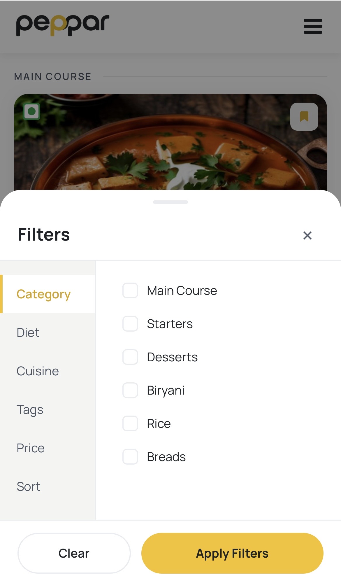 Menu category view